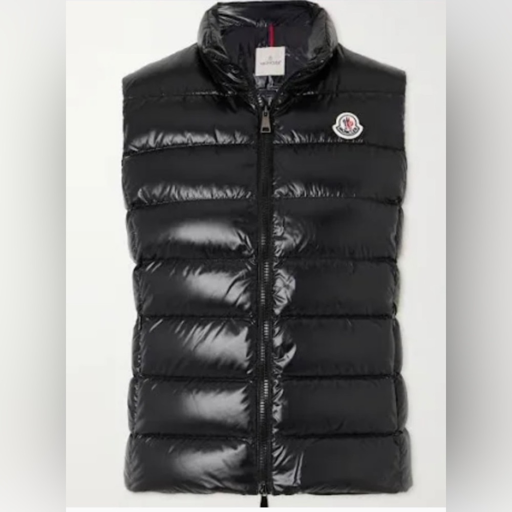 Moncler Black Shiny Quilted Down Puffer Vest with Chest Logo